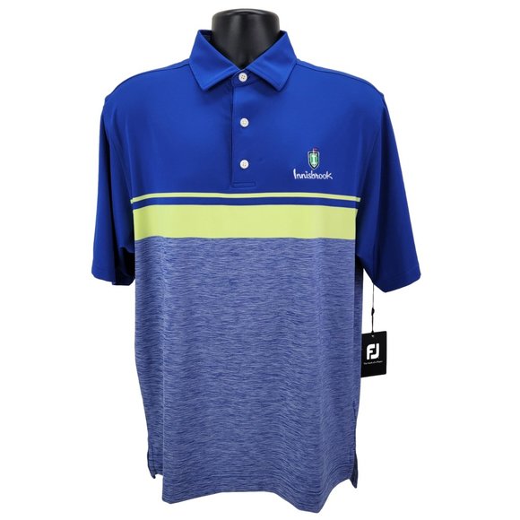 FOOTJOY Polo Shirt Men’s Medium Golf Blue Yellow Stripe Stretch Innisbrook NEW - Picture 2 of 8